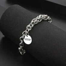 1 pieza pulsera redonda de placa con letras de acero inoxidable para hombre - Plateado - Ver 2