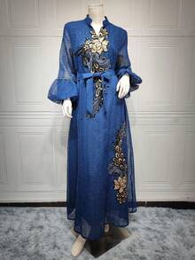 SISKAKIA Váy dài dự tiệc ngày lễ Abaya cho phụ nữ Hồi giáo cổ đứng khoét kim sa tay áo cánh hoa có thắt lưng - Màu xanh hải quân - Xem 8