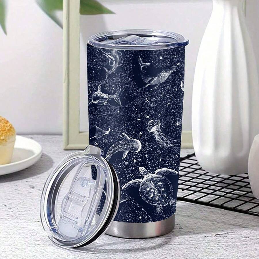 1個星空海洋主題杯，海洋世界，20盎司多功能汽車杯戶外咖啡杯保溫杯，送給家人和朋友的禮物，2024年 - 藍色 - 查看 1