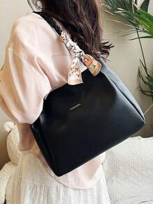 女士百搭纯色手提包，Malist PU 皮革大容量单肩包，带丝巾装饰，轻便大容量托特包，适合日常办公使用，时尚防水耐用方形托特包，母亲节礼物 - 黑色 - 查看 5