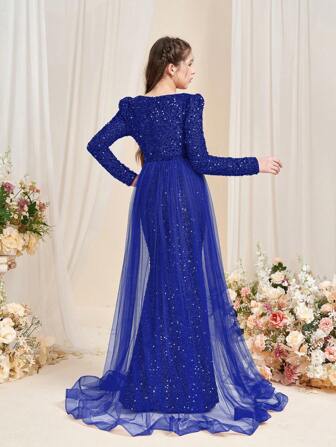 少女闪亮亮片装饰晚礼服，优雅 V 领，及地长袖，透明薄纱侧片和引人注目的鱼尾下摆 | 适合庆典、红毯活动、毕业舞会、选美比赛、慈善舞会、冬季正式舞会、颁奖典礼和豪华晚会的正式派对礼服