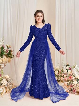 少女闪亮亮片装饰晚礼服，优雅 V 领，及地长袖，透明薄纱侧片和引人注目的鱼尾下摆 | 适合庆典、红毯活动、毕业舞会、选美比赛、慈善舞会、冬季正式舞会、颁奖典礼和豪华晚会的正式派对礼服