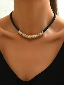 1pc Vintage Geometric Multi-Loop Leather Cord Necklace, Necklaces For Women - Gold - View 2