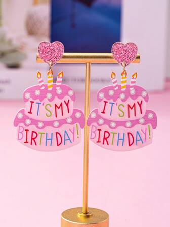 1pair Fashionable Birthday Cake Candle Design Acrylic Earrings Handmade Unique Women's Gift With Printed Letters