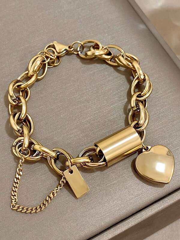 1 Peça Pulseira Pingente de Coração na Cor Dourada para Mulheres e Adolescentes Meninas, Pulseira de Aço Inoxidável Casal Amor Amizade, Joias Presentes Diários de Festa para o Dia dos Namorados