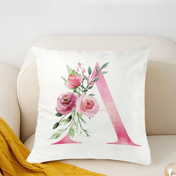 1 pièce  Housse de coussin imprimée fleur rose pour la lettre A de l'alphabet anglais, décoration de chambre, étui de coussin de décoration pour la maison