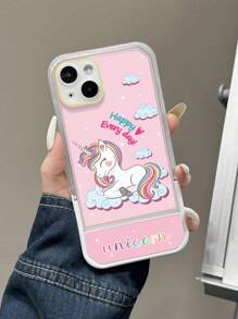 1 pieza Funda de teléfono con estampado de unicornio de dibujos animados en color rosa, con función de soporte, compatible con series de Apple y - Multicolor - Ver 2