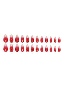 24pcs Charming French Cat Eye Style Nail Art Stickers, Red Gradient Nail Wraps, Medium Almond Shape False Nails - Red - View 3