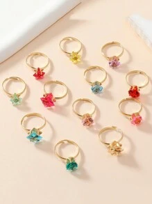 1set/12pcs Girls' Adjustable Cartoon Rings With Faux Gemstones ,Random Color And Style, Gold Color,With Box - Gold - View 4