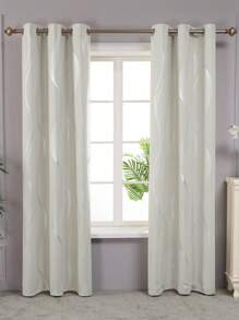 2 Pcs Christmas Thermal Insulated Blackout Curtains, Wave Striped Foil Print Window Curtains, Room Darkening Curtains For Bedroom - 米色 - 查看 3