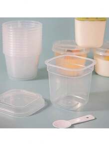 10 conjuntos de copos plásticos transparentes com tampas e colheres, recipientes de embalagem de alimentos reutilizáveis para bolos, pudins e sobremesas. Adequado para bebidas quentes e frias, ideal para casa, restaurante, piquenique, camping, suprimentos de festa e acessórios de mesa.