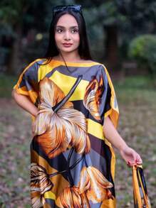 1pc Women Beach Accessories Spring/Summer New Striped Floral Printed Beach Bikini Cover-Up Sunscreen Shawl Satin Robe + Headscarf Set, Suitable For Travel And Daily Use - Multicolor - View 2