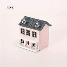 别墅娃娃屋微型家具，粉色和蓝色墙壁搭配灰色屋顶，可爱的袖珍娃娃屋，小房子，娃娃屋配件，微型小屋，圣诞村屋，木制微型房屋套装，微型娃娃屋小雕像，装饰摆件 - 彩色 - 查看 6
