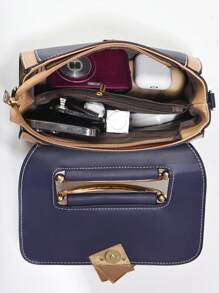 金属点缀方形托特包、撞色翻盖单肩包、女士带扣装饰单肩包、小号斜挎包和托特包套装、PU 皮革翻盖钱包、史上最佳母亲节礼物 - 彩色 - 查看 4