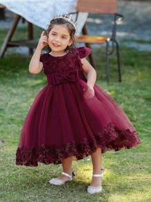Babyflicka Enfärgad Blommig Applikation Rosett Puffärm Söt Prinsessklänning, Lämplig För Fest Och Högtider, Exklusive Pannband - Bourgogne - Visa 4