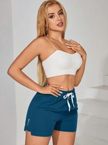 Quần short thể thao nữ dáng rộng, xẻ tà, có túi khóa kéo, co giãn và thoải mái, thích hợp cho mùa hè. - Màu xanh lam - Xem 4