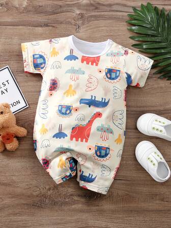 Apricot Dinosaur Printed Cute Baby Summer Romper, Short Sleeve, Comfortable & Breathable Fabric, Easy To Care And Clean, Ideal For Indoor And Outdoor Casual Wear