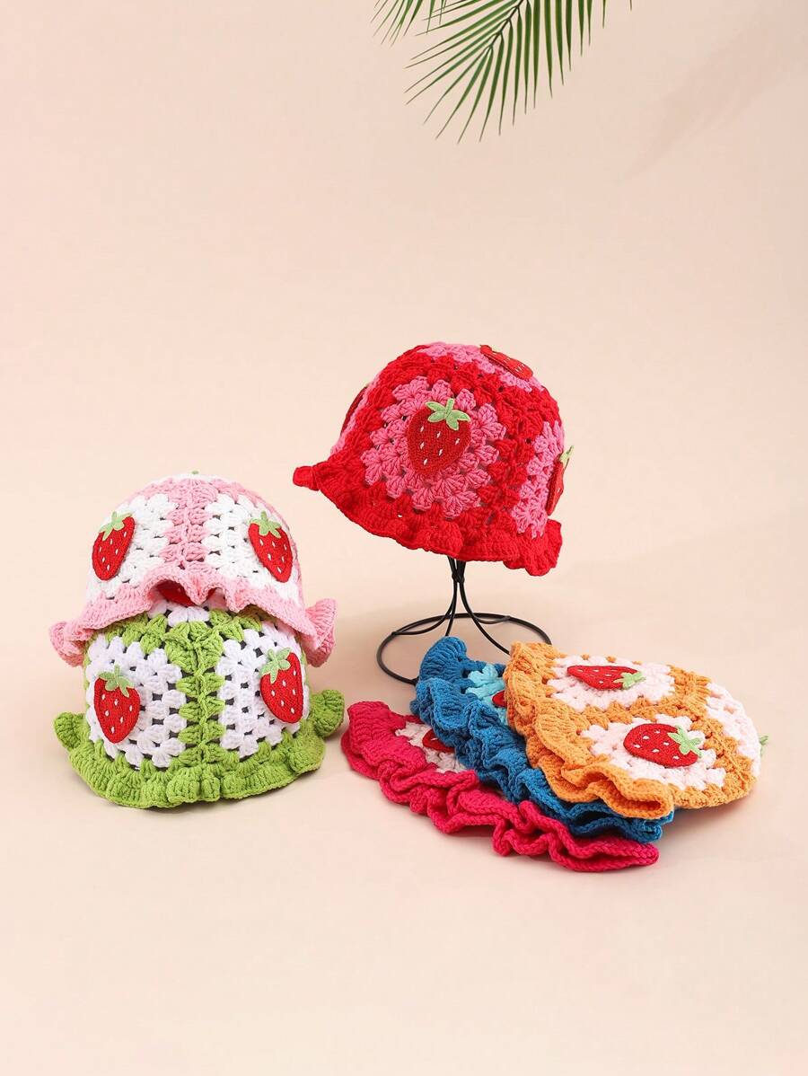 1pc Women's Adorable Casual Y2K Style Fashionable Contrast Color Hand-Crocheted Strawberry Applique Decor Bucket Hat For Outdoor, Traveling, Daily Wear