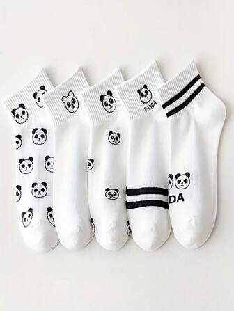5 pares de calcetines de corte bajo con dibujo de panda para mujer, calcetines deportivos delgados y cómodos para el verano