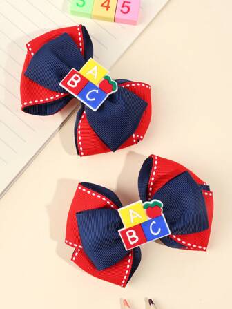2pcs/Pack Back To School ABC Apple Accessory Pencil Printed Bow Hair Clip For Girls, School Style