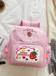 1pc Cute Embroidered Fruit Strawberry Lace Backpack, Student School Bag, Portable Travel BackpackSchool Bag,School Bookbag,Backpack For School,Large Capacity,Classic Casual,Lightweight, Suitable For Teen Girls Women College StudentsMiddle School, High School,Outdoors, Travel, Outings,Holiday,Elementary School, & Cute Strawberry Purse, Strawberry - Pink - View 9