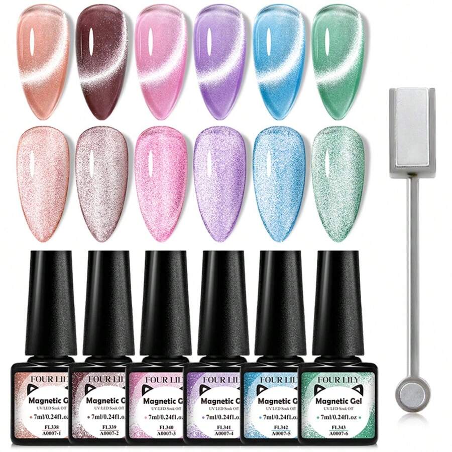 FOUR LILY 7入組帶磁吸功能的膠態貓眼凝膠指甲油套裝，粉藍紫三種顏色磁力指甲凝膠，適用於全息貓眼效果，美甲沙龍和居家自己做指甲藝術 - 彩色 - 查看 1