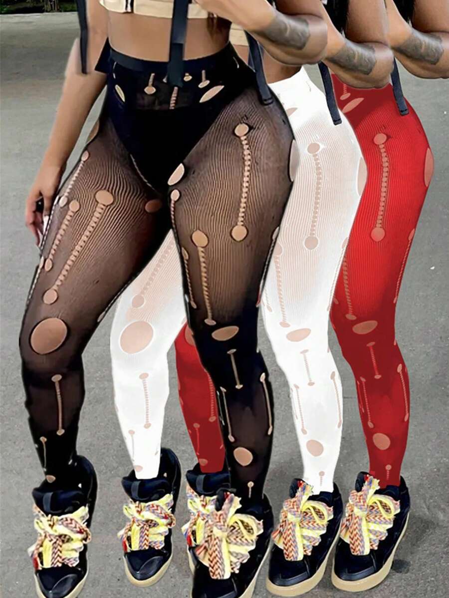 1 pièce Collants résille ajourés déchirés pour femmes, pantalon gothique transparent à taille haute avec sous-pieds en maille