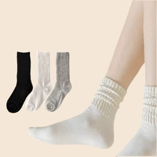 Sports Outdoor 3 Pairs Spring And Summer Seasons Women's Classic Calf Socks ,Women's Mid Tube Socks Stacked Socks,Breathable & Comfy Mid Tube Socks,Comfy & Breathable All-Match Socks, Solid Color Sports Socks, Plus Size Solid Slouchy Comfort Mid-Calf Socks For Daily Use