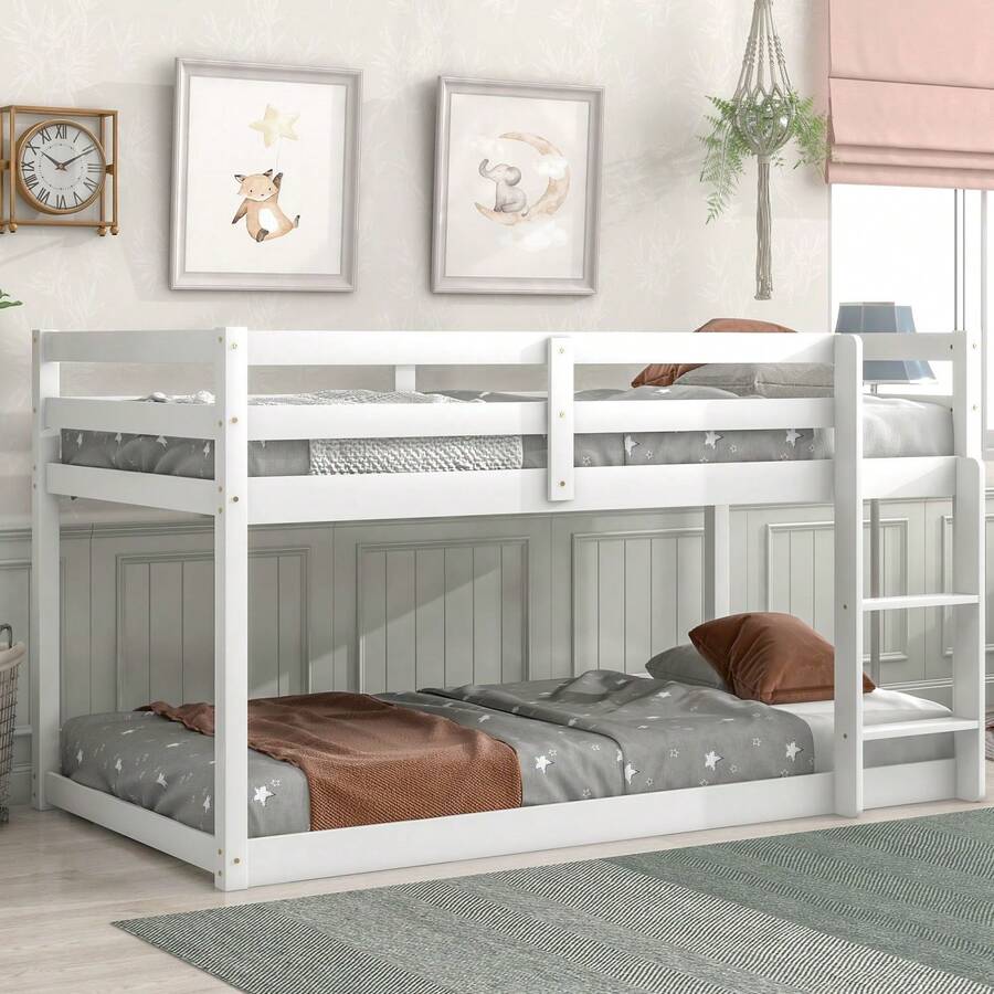 Twin Over Twin Bunk Bed With Full Guardrails And Ladder,Low Bunkbed Fram W/Safety Guard Rails For Teens Adults No Box Spring Need - White - View 1