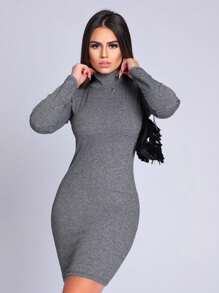 Vestido Manga Longa Gola Alta Feminino Canelado