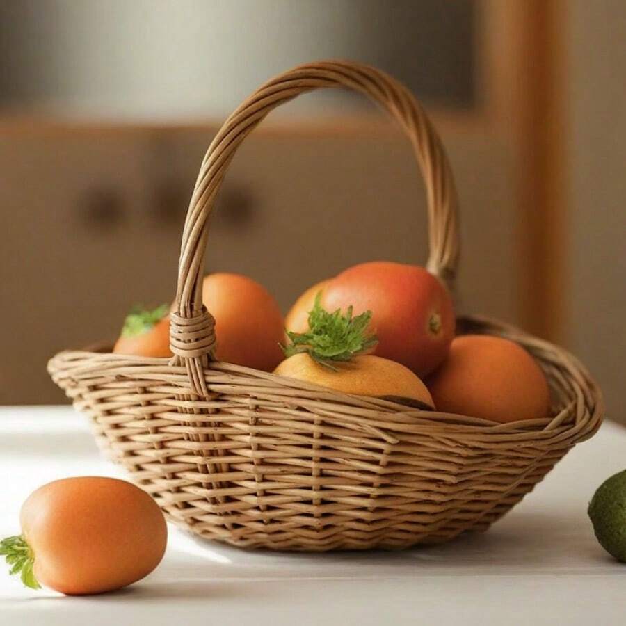 1pc Willow Woven Fruit Basket Handheld Shopping Basket Rustic Wicker Storage Bin Organizer Small Floral Basket Gift Basket - Light - View 1
