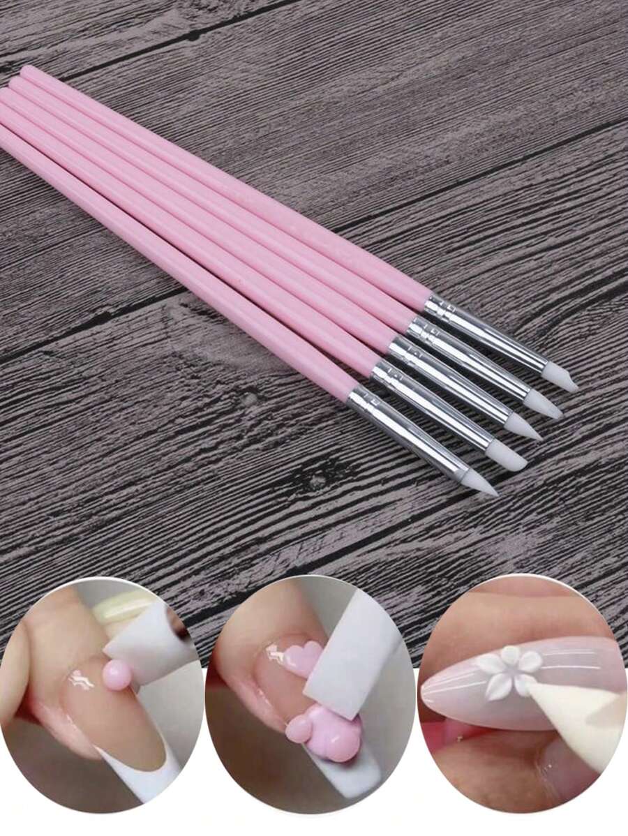 5 piezas Pinceles de escultura de uñas acrílicas, Herramientas de arte de uñas de silicona rosa, Pinceles de pintura de manicura - Rosa Pálido - Ver 1