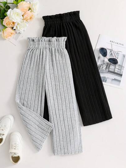 2pcs Young Girl Solid Color Paper Bag Waist Loose Wide Leg Pants