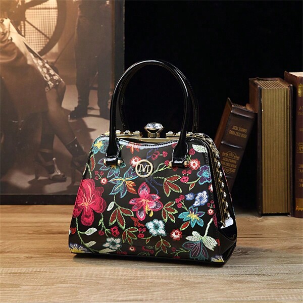 Simple Embroidered Women's Handbag, Retro Chinese Style Mother/Bride/Marriage Gift Bag, Elegant Flower Decorated Shoulder Bag With Rhinestones Decoration