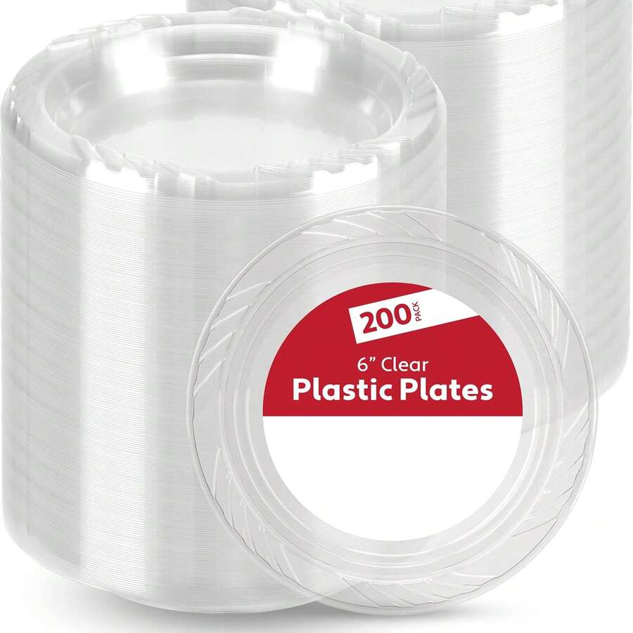 Paquete a granel de 200 platos de plástico transparente de 6 pulgadas - Platos desechables para pasteles, postres y aperitivos, barbacoa, fiesta, viaje y eventos, aptos para microondas, festival, fiesta, para fiestas de Navidad, oferta del - Clear - Ver 1