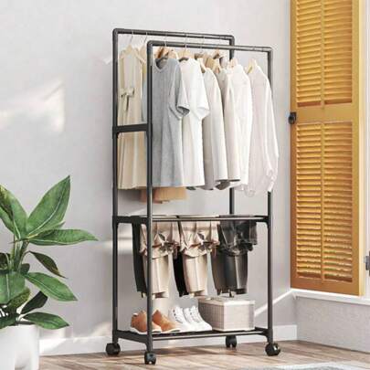 1 pieza Perchero Para Ropa, Perchero para Ropa de Doble Poste, Closet Plegable de Acero Inoxidable, Organizador de Ropa, Calzado y Accesorios,,Estante de Ropa para Balcón, Dormitorio y Lavandería,2 Niveles