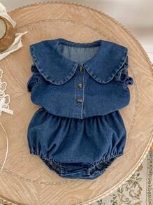 Summer New 0-3 Years Old Baby Girls Versatile Casual Sleeveless Set, Denim Peter Pan Collar Cap Sleeve Top + Pants Set, Size Runs Large And Loose, Most Babies Recommend Choosing One Size Smaller For Better Fit