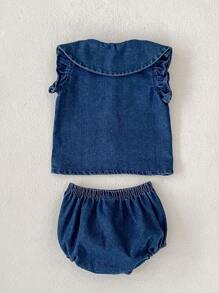 Summer New 0-3 Years Old Baby Girls Versatile Casual Sleeveless Set, Denim Peter Pan Collar Cap Sleeve Top + Pants Set, Size Runs Large And Loose, Most Babies Recommend Choosing One Size Smaller For Better Fit