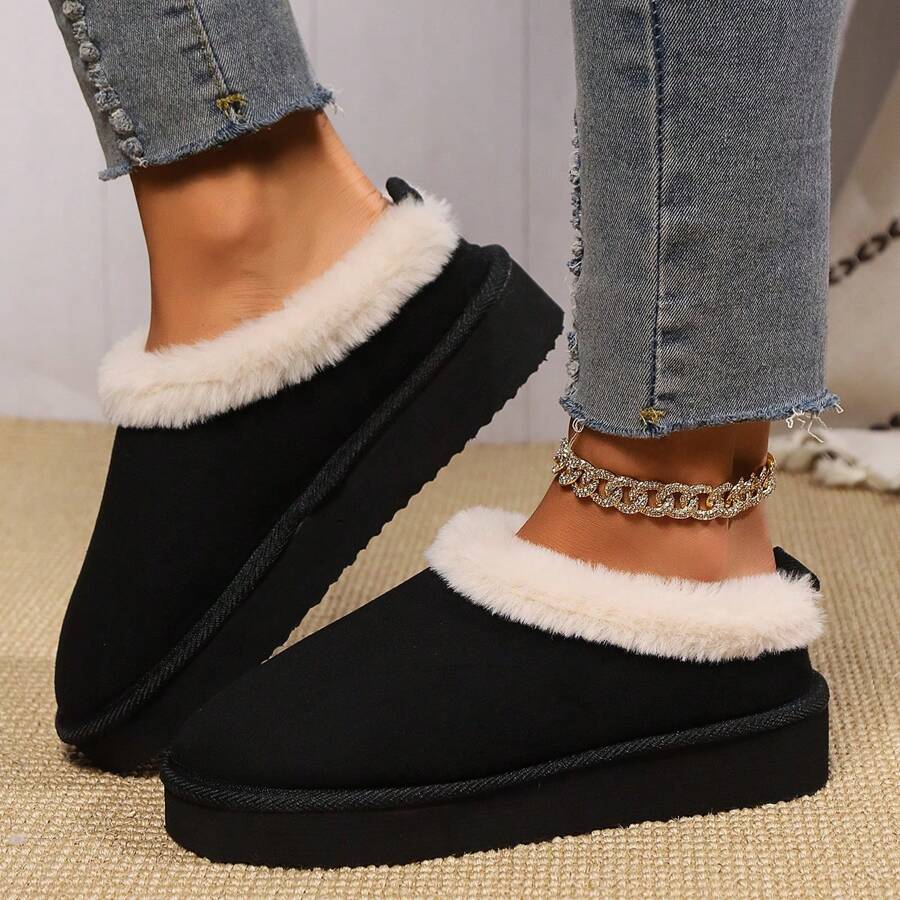 女士毛絨暖內裡拖鞋，舒適的冬季雪地鞋，閉趾滑動室內外拖鞋 - 黑色 - 查看 1