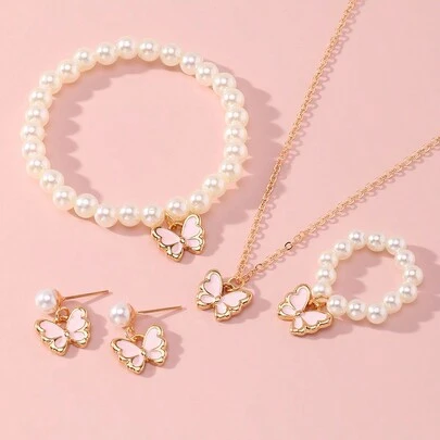 Bộ vòng cổ mặt dây chuyền hình con bướm 1 chiếc bao gồm 1 chiếc vòng cổ, 1 chiếc vòng tay, 1 đôi bông tai & 1 chiếc nhẫn, lý tưởng cho trang phục hàng ngày của các cô gái