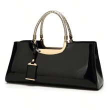 Women Mom Style New Candy Colored Patent Leather Handbag, Large Capacity & High-End Feeling With Dual Carrying Handles, Suitable For Career Women To Attend Parties Or Go Shopping., Bag For Women Elegant, Luxury - Black - View 4