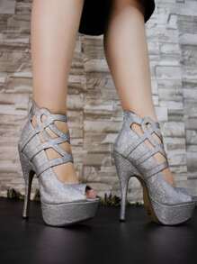 Sandalias de tacón alto de moda para mujer de punta abierta,tacón de aguja de moda de brillantes versátiles para un look femenino durante todo el año. - Plateado - Ver 1