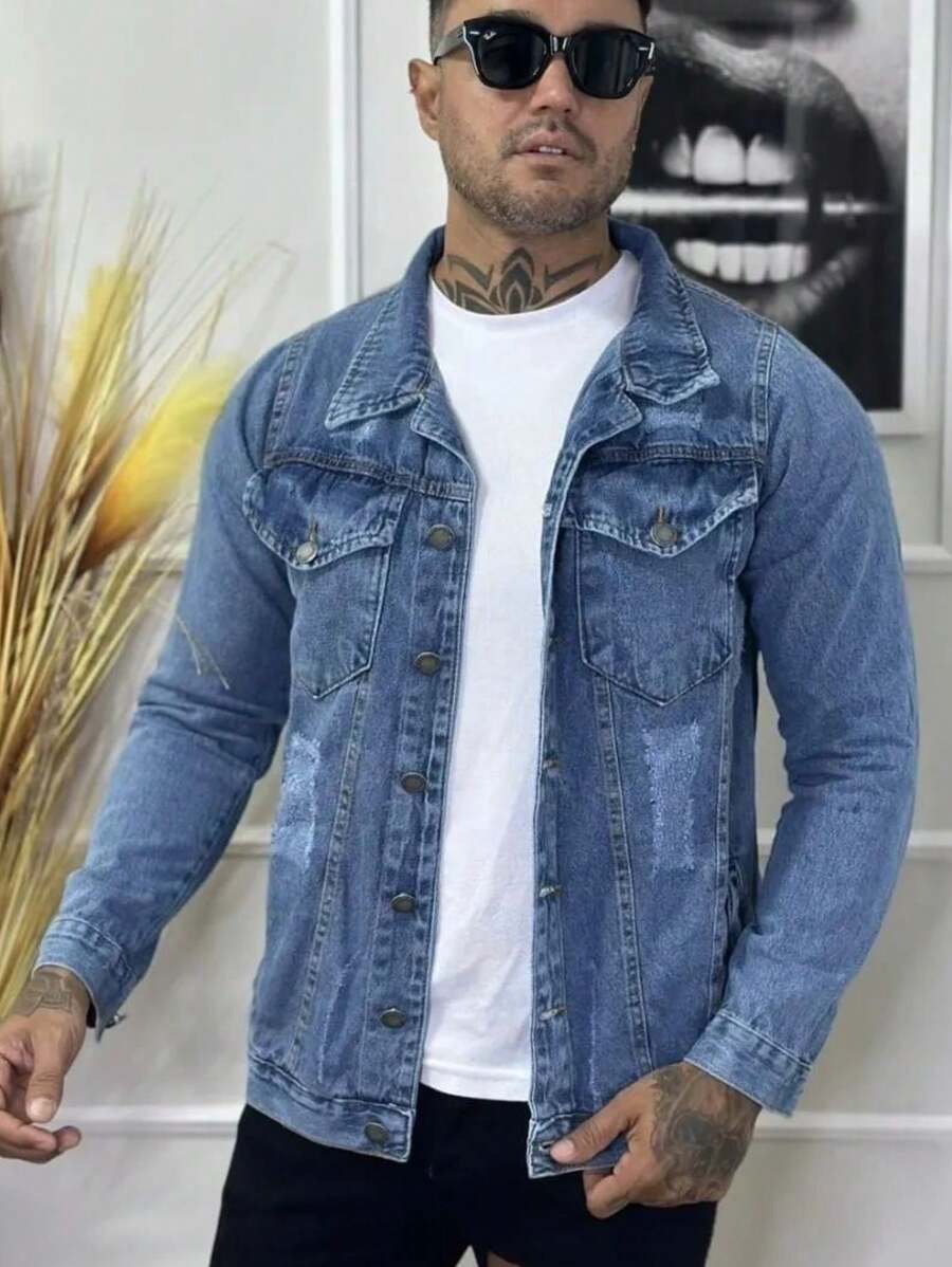Men Denim Jackets - 中等水洗藍 - 查看 1