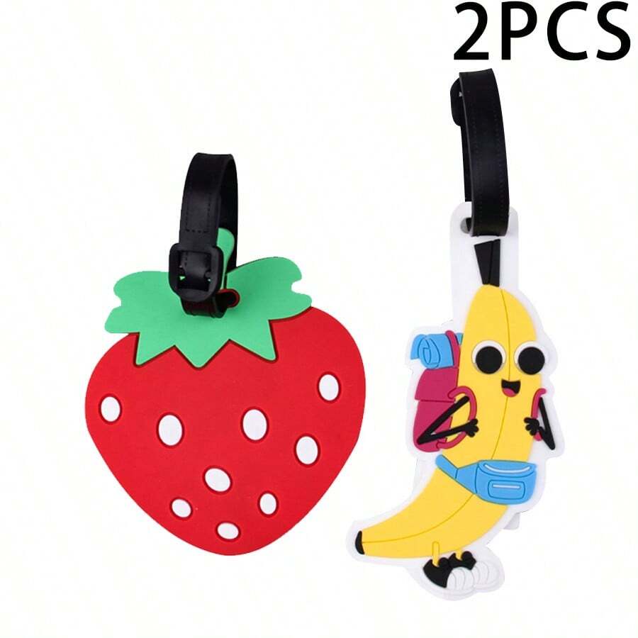2pcs Cute Strawberry Banana Creative PVC Soft Rubber Luggage Tag Bag ID Label Travel Essentials For Travel Backpack Travel Bag Luggage Suitcase Travel Gear Back To School - Multicolor - View 1