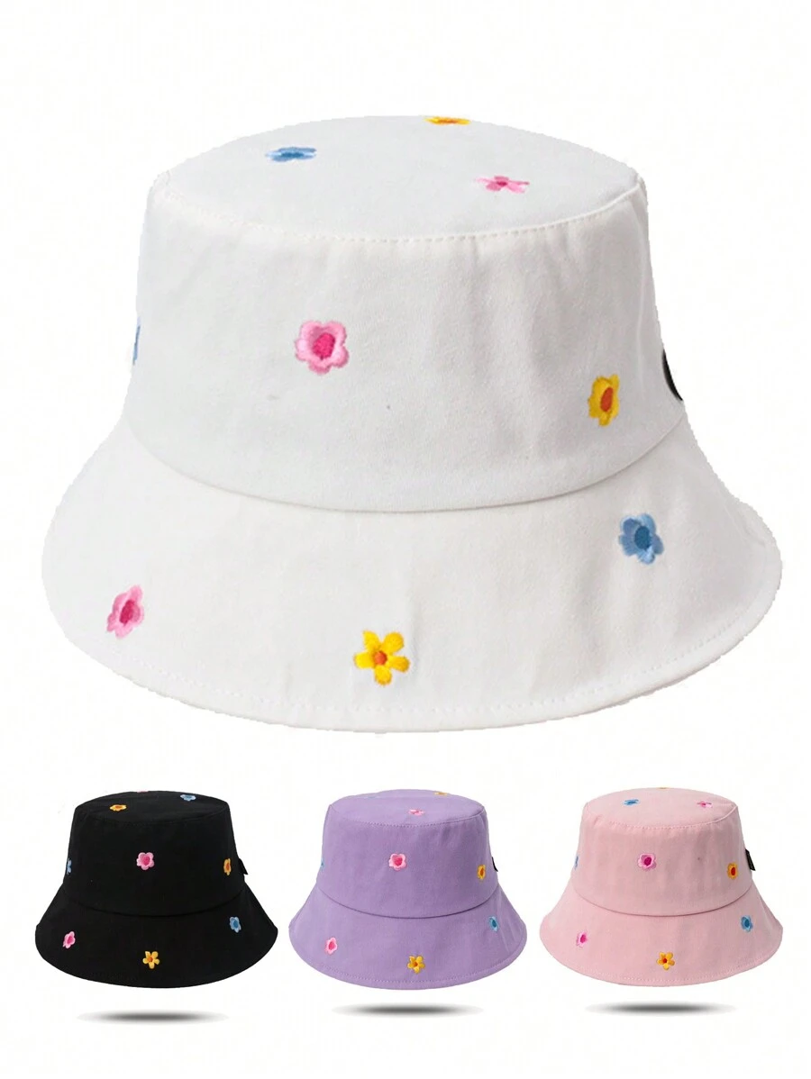 Chapéu Bucket Feminino Bordado Flor Doce Bonito, Chapéu Bucket Versátil para Mulheres, Chapéu de Proteção Solar para Praia e Viagens ao Ar Livre Para Homens e Mulheres na Primavera e Verão, Boné Feminino para Férias - Multicolorido - Visão 1