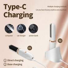 Cordless Hair Straightening Brush, Portable Negative Ion Straightener, Anti-Heat Ceramic Flat Iron Comb With Type-C Charger And Charging Dock For Home Salon, Travel And Barber Shop - White - View 4