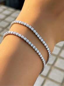 1pc Sparkly 5A Round Cut Cubic Zirconia Pure 925 Sterling Silver Tennis Bracelet With Hand Chain For Women, Ideal For Weddings, Engagements, Bridal Parties, Fine Jewelry Accessories Gifts