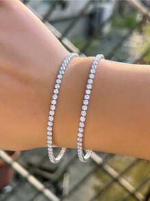 1pc Sparkly 5A Round Cut Cubic Zirconia Pure 925 Sterling Silver Tennis Bracelet With Hand Chain For Women, Ideal For Weddings, Engagements, Bridal Parties, Fine Jewelry Accessories Gifts