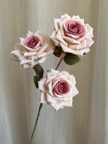 3Bundles/9 Headss Stem 26.37in Artificial Flower Mocha Rose , Realistic Stem Fake Silk Rose Bouquet For DIY Wedding Bouquet Party Home Centerpiece Hotel Decor Party Birthday,Valentine'S Day,Mother'S Day Gift - 粉色 - 查看 4