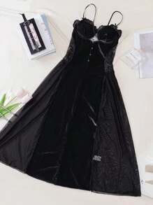 Sexy Lingerie Lace & Mesh & Bowknot & Ruffle Edge Bra Cup Double Side Slit Backless Strap Long Dress - Black - View 10